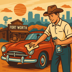 Man in cowboy hat detailing a red vintage car in Fort Worth, Texas with skyline and barn in background