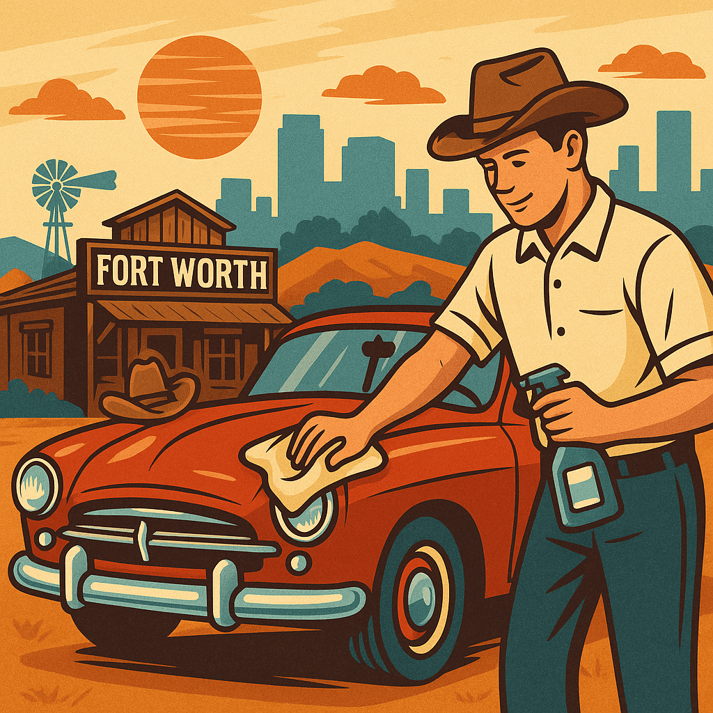 Man in cowboy hat detailing a red vintage car in Fort Worth, Texas with skyline and barn in background
