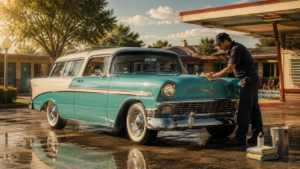 Turquoise and cream classic station wagon being hand-detailed beside a roadside motel