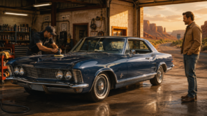 Blue classic coupe receiving machine polishing in a garage while a customer watches from the open bay