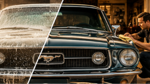 Split view of a classic Mustang covered in soapy wash foam on the left and hand-polished to a shine on the right