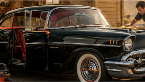 Classic black Bel Air with its door open and red interior while a detailer polishes the hood near a shop vacuum