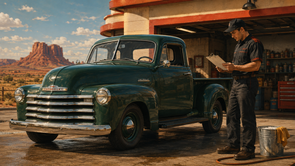 Vintage green Chevrolet pickup in a desert garage bay while a detailer reviews a clipboard