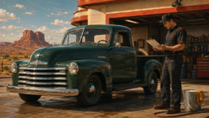 Vintage green Chevrolet pickup in a desert garage bay while a detailer reviews a clipboard