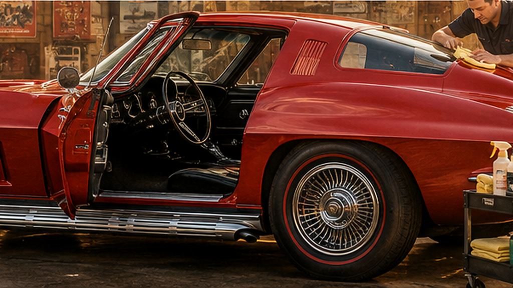 Red classic Corvette coupe with the driver door open while a detailer wipes the roof beside a product cart
